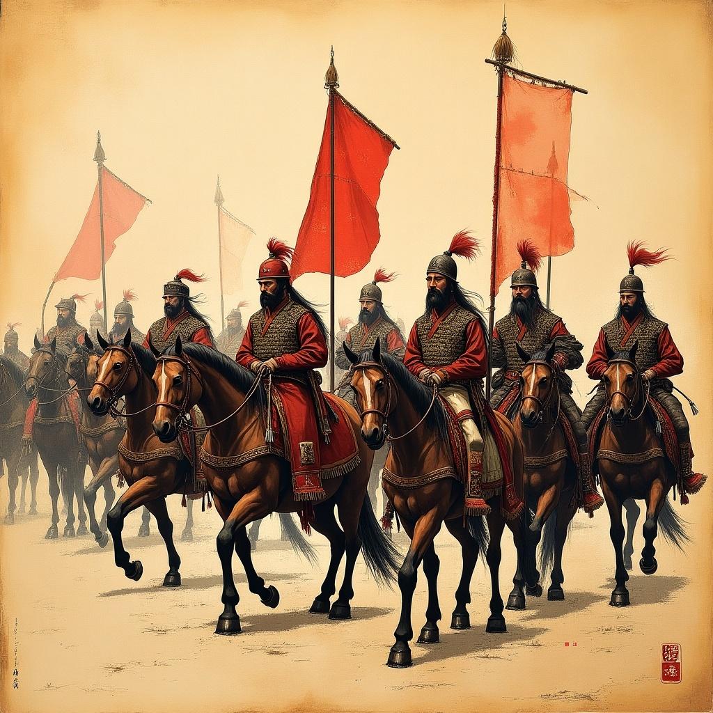 This artwork depicts an ancient Chinese army, illustrated with meticulous detail in red and black ink. The soldiers are shown on horseback, marching in formation. Each warrior is dressed in traditional armor, signifying their rank and status within the army. The background is subtly beige, enhancing the prominence of the figures in red and black. Flags flutter above the soldiers, adding a dynamic element to the composition. This piece pays homage to the historical significance of military parades.