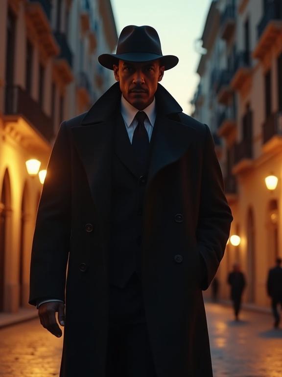 Picture of a fashionable man dressed as a detective in a Mediterranean city at dusk. The atmosphere is dark and moody with warm streetlights illuminating the urban setting.