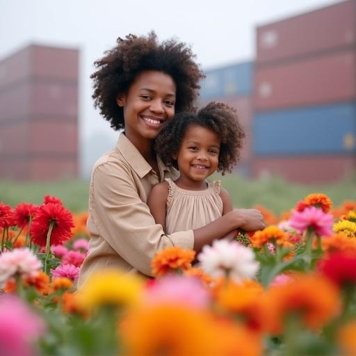A smiling mother with curly hair in a beige shirt stands behind her young daughter, who has a ponytail and a light beige dress. They are surrounded by colorful blooming flowers of red, pink, orange, yellow, and white. Stacks of shipping containers are partially visible in the misty background. The scene conveys warmth and joy, highlighting love and resilience.