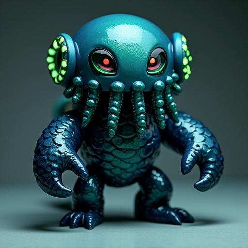 Create a deep-sea monster toy. Stocky body and tentacle arms. Sculpted with textures like octopus suckers and scales. Head resembles an angler fish with a glowing orb. Glossy toy texture and stylized proportions. Color scheme of navy blue bioluminescent green black teal.