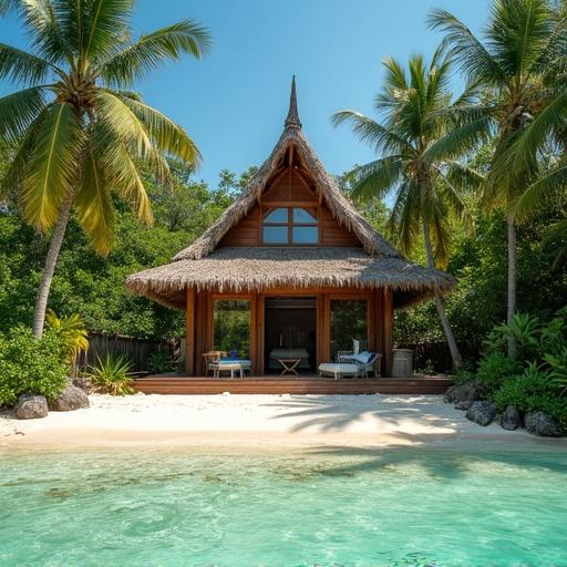 An incredible beach shack located on a beautiful Thai beach. The scene is tropical and evokes a sense of escape. The atmosphere feels magical and dreamy.