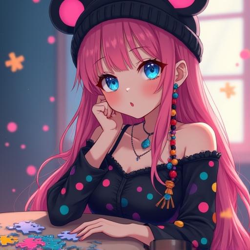 Close up view of an Asiatic female with anime features and a beanie with mouse ears. She wears a black dress adorned with colorful polkadots. Character has thick long pink hair with colorful beads. She holds puzzle pieces in hand. Deep blue eyes and long eyelashes. Fantasy background features floating particles and bokeh. Rendered in oil painted style with classic anime elements.