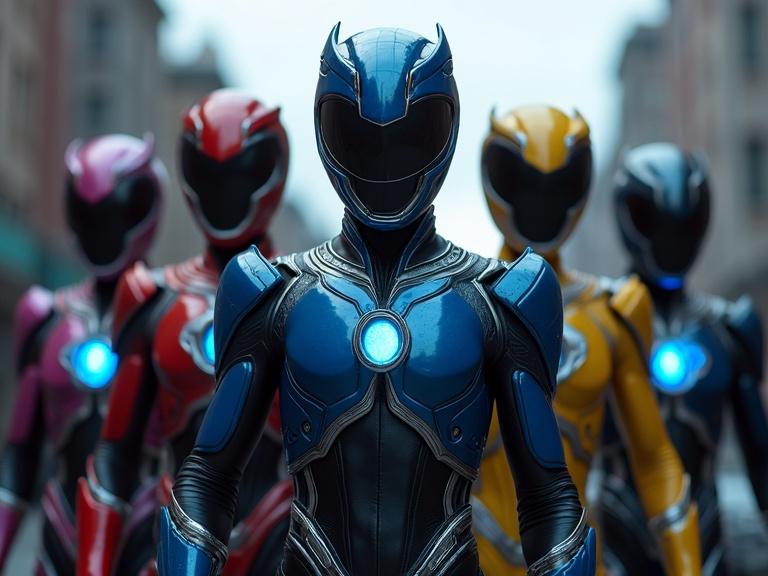 Dark cinematic scene featuring five Power Rangers in vibrant armor. Central figure is blue ranger standing confidently while red, yellow, light purple, and black rangers pose in formation. The armor has detailed textures with sleek lines and glowing features. City street is cloudy and atmospheric. HDR effect applied.