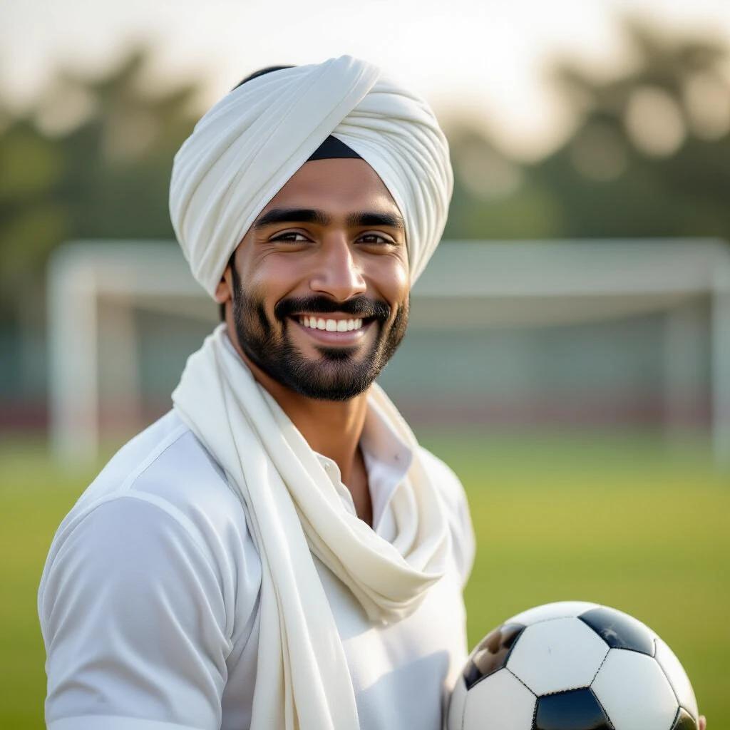 Indian man playing football. Clean-shaven wearing Haryanvi turban. Young with black hair and sharp jawline. Turban is white.