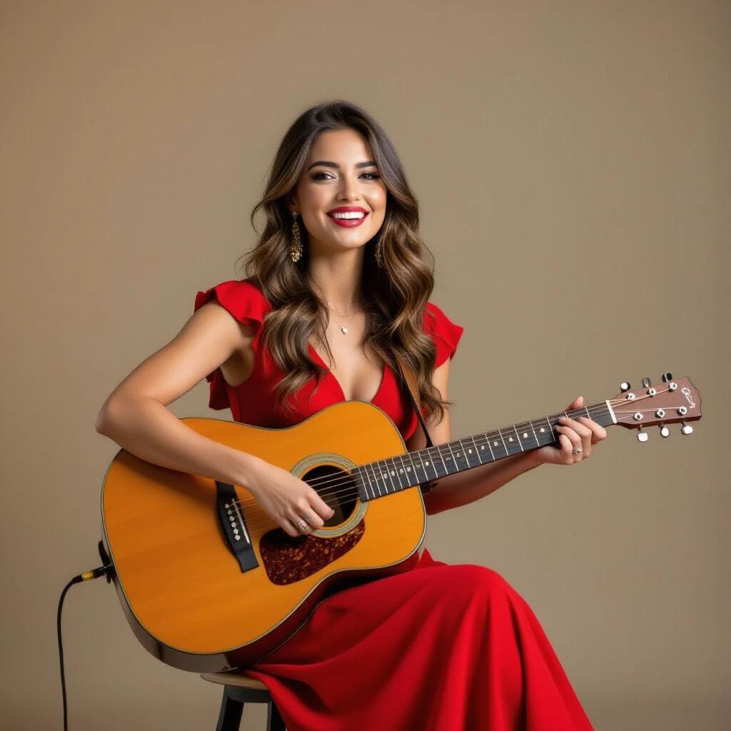 Woman with long hair sits on a stool with guitar. She wears a red dress and looks at the camera while smiling.