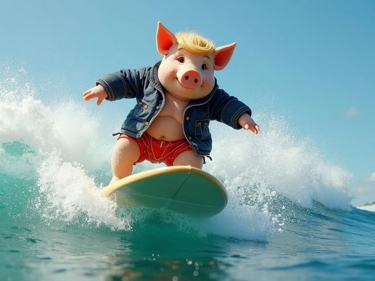 A cartoon pig with stylish hair is surfing on a wave. The pig wears a denim jacket and red shorts. It shows joy and excitement while balancing on a surfboard. The setting is a vibrant ocean scene with waves.