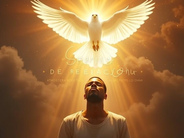 A man of Afro-descendant heritage stands with closed eyes as if in worship. Above him, a radiant white dove descends with outstretched wings. The dove emits golden and celestial light illuminating the scene. The background features cosmic clouds and divine fire in orange and gold hues. The title 'ESPIRITU DE REVELACION' appears in modern serif font with the subtitle 'ATMOSFERA PROFETICA' underneath. A stylized logo with 'PORCION DIVINA' is in the top right corner. The atmosphere conveys power and spiritual connection.