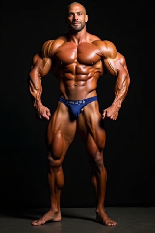 A muscular male in skinny bodybuilding trunks poses confidently. He showcases a well-defined physique with bulging abs, massive biceps, and huge legs. The background features dark colors emphasizing fitness.