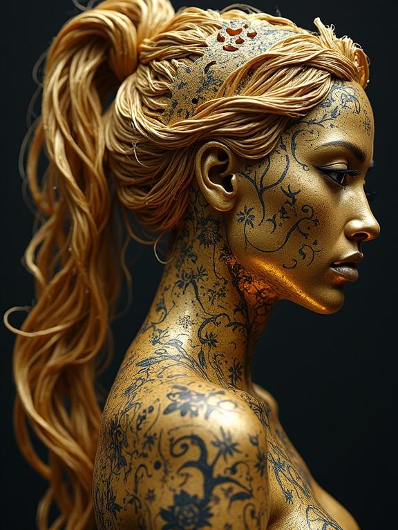 Golden sculpture of a woman with intricate black tattoos. Hair styled in a ponytail. Capture a side profile view. Focus on artistic details and textures.