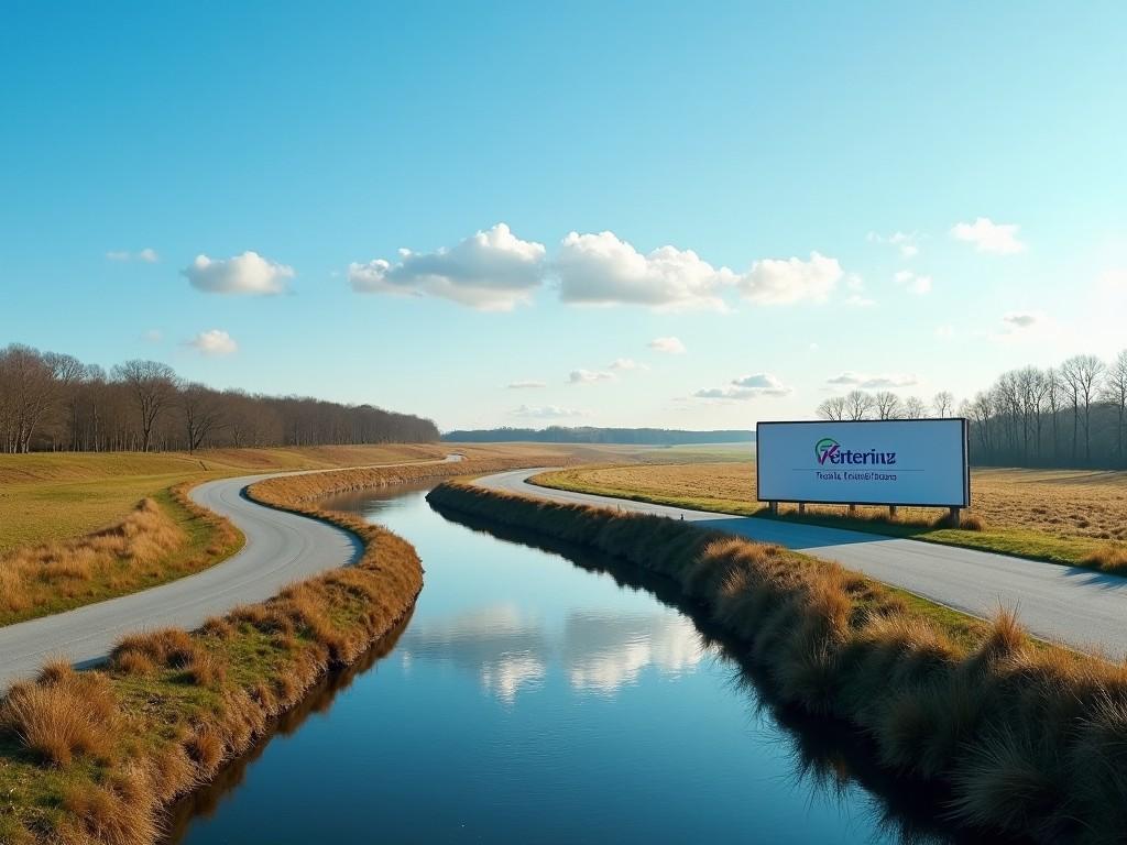 This image showcases a scenic landscape featuring a winding road alongside a narrow canal. On the right side of the image, a large billboard proudly displays a company logo and relevant text. The background is adorned with a row of leafless trees, adding to the rural charm. Above, a clear blue sky with a few fluffy clouds creates a serene atmosphere. The image perfectly captures the beauty of nature combined with a promotional touch, ideal for marketing or tourism themes.