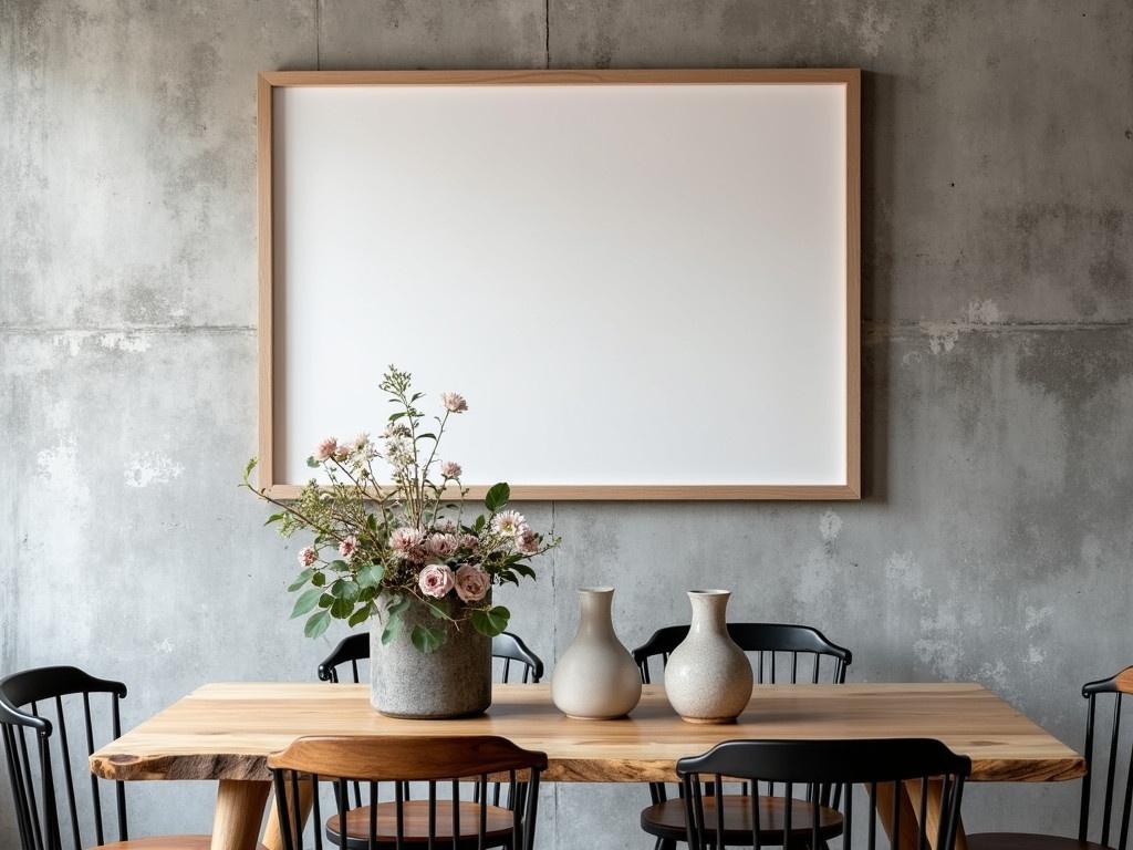 A cozy interior scene featuring a dining area with a mock-up frame on the wall. The frame is empty, ready for artwork or a photograph. The background has a textured, gray wall that adds an industrial feel. A natural wooden table with a live edge design anchors the space, surrounded by black and wooden chairs. On the table sits a simple modern arrangement of flowers in a rustic container, adding a touch of nature. Nearby, stylish vases in varying shapes and sizes add character to the decor.