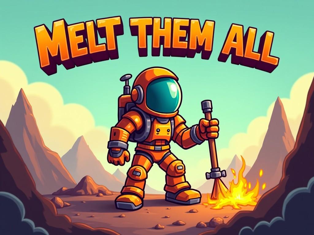 A cartoon image of an astronaut in orange suit with a visor and a tool, standing on a rocky terrain with fire, under the text 'Melt Them All'.