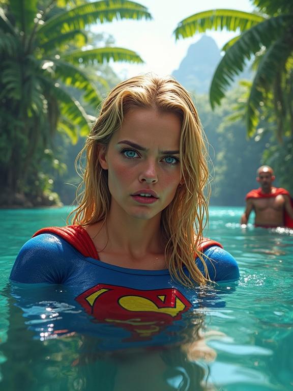 Hyper-detailed comic illustration featuring Supergirl in tropical lake. She is submerged up to her neck. Her beautiful face shows intense annoyance. Dripping blonde hair visible. Background includes Indonesian jungle. A man in traditional attire is fleeing with her costume. Emphasis on water droplets and dramatic lighting.