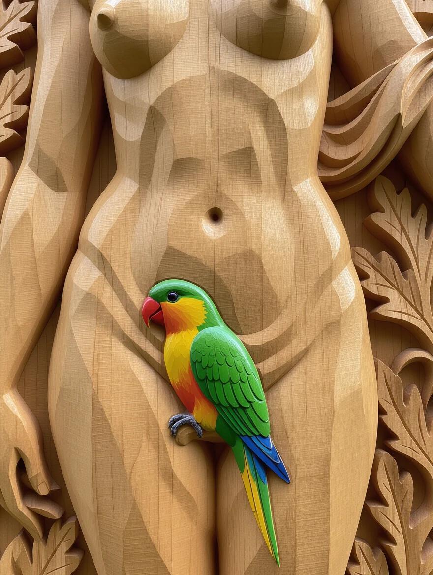 Closeup relief carving of a nude woman's hips. A colorful parrot placed prominently against the wood grain design. Art reflects craftsmanship and detail. Bright colors contrast with the natural wood tones.