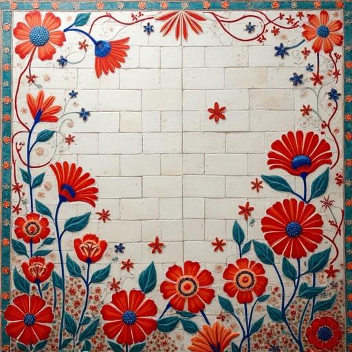 A large mosaic of many white tiles surrounded by reddish floral motifs.