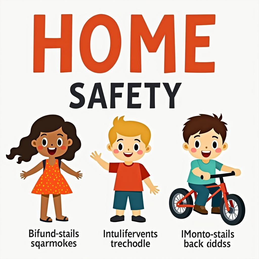 Illustrated educational poster titled 'HOME SAFETY' for preschoolers with three characters representing safety themes. Child reaching for electrical outlet. A baby near spilled colorful pills. A toddler opening a door leading outside. Engaging visuals and vivid colors. Strong emphasis on non-threatening educational messages.