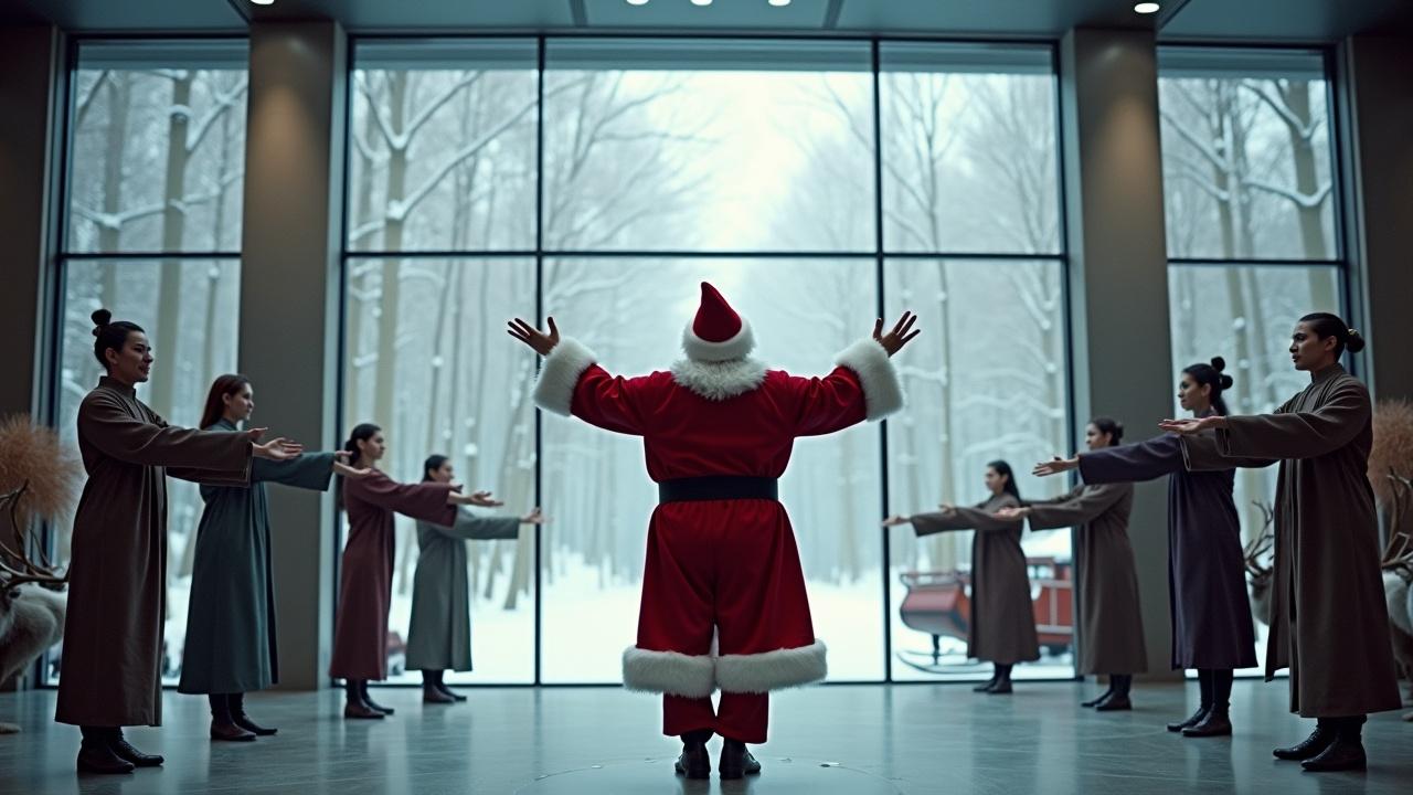 Cinematic image of Santa Claus celebrating in high-tech room with open arms. Diverse people practicing tai chi in different postures around him. Snowy woods visible through openings. Sleigh with reindeer parked. Wide shot showing Santa surrounded by beautiful people.