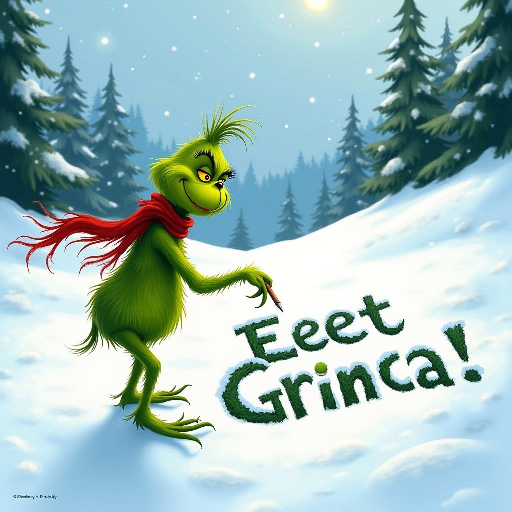 The Grinch is writing in snow. Scene shows snow-covered hills and evergreen trees. The Grinch is green with a red scarf.