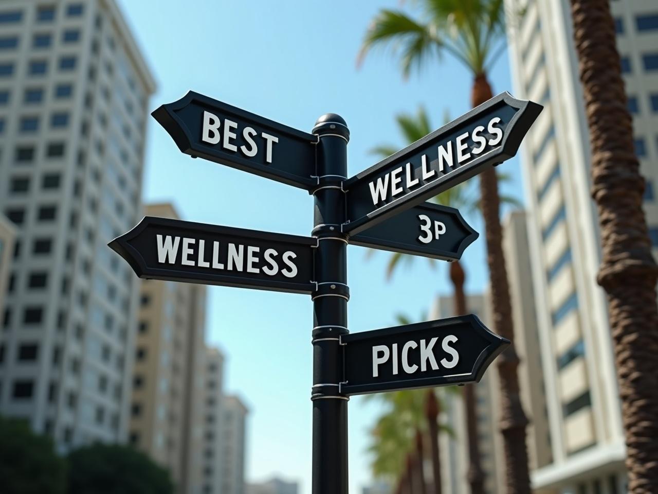 A street sign with the words 'Best', 'Wellness', '3P', and 'Picks', set in a sunny urban environment with palm trees.