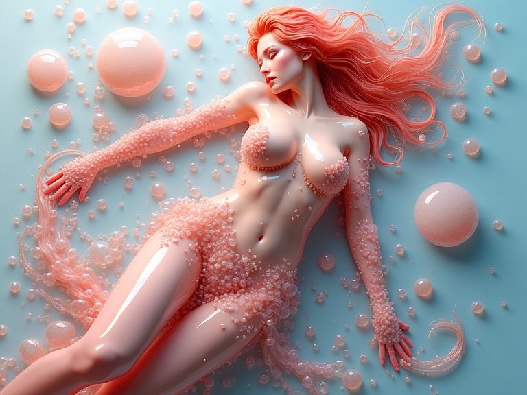 3D art featuring a stylized nude body made of bubbles on a soft blue background. Soft textures and bright colors generate a lively appearance.
