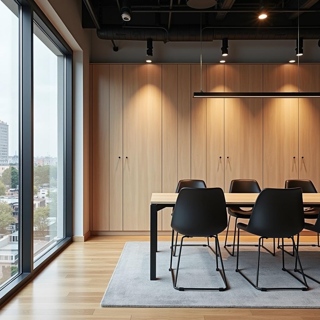 Interior of a modern office featuring wooden walls and cabinets. A rectangular table is surrounded by black chairs. Large windows showcase an urban view.