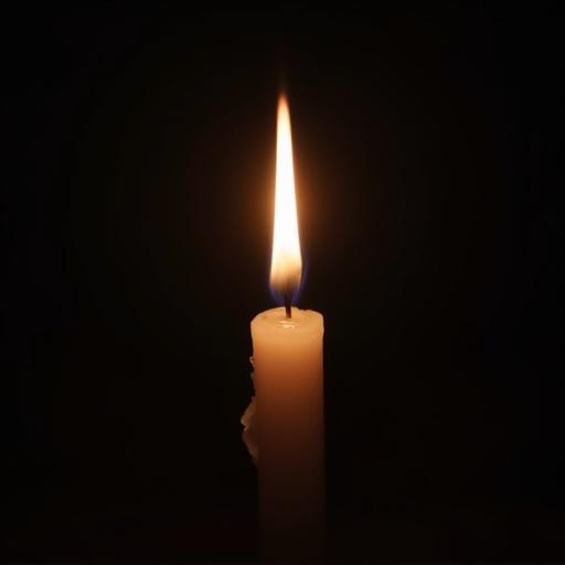 Front view of a single candle with an illuminated flame against a black background