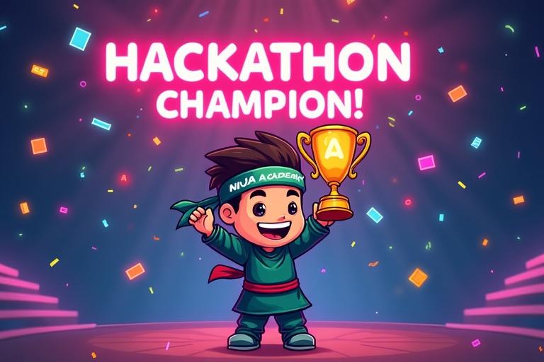 Vibrant cartoon-style thumbnail features ninja holding glowing trophy above head. Confetti and code snippets surround ninja. Headband displays Ninja Code Academy logo. Ninja has proud expression. Background resembles digital arena with spotlights and neon accents. Text states Hackathon Champion! in glowing neon typography at the top.