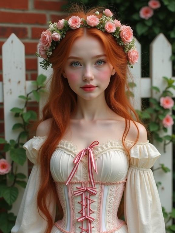 A picture poetry photography of a young woman with long red hair and a floral hairpiece. She has fair skin and blue eyes. She is wearing a vintage white blouse and a white corset with pink accents. The background is a rustic setting with a white picket fence and blooming flowers. The overall atmosphere is soft and inviting. The lighting enhances the romantic feel.