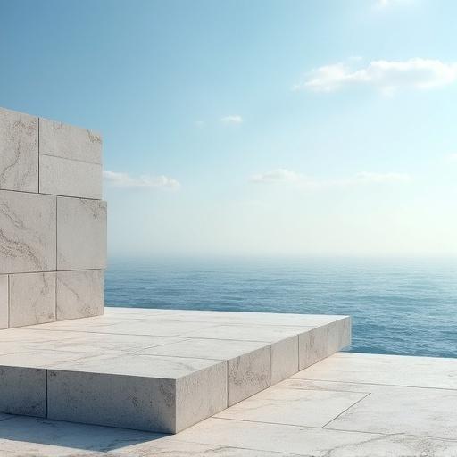 Granite slabs arranged horizontally in an abstract architectural setting with an ocean background and a sunny sky overhead.