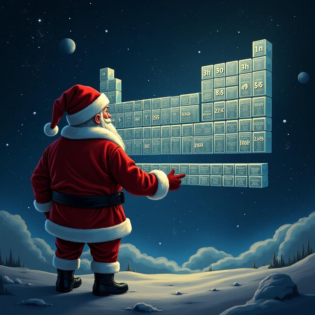 Santa Claus in outer space. He is looking at a periodic chart. The environment is celestial with clouds and stars. The periodic chart is visually striking and detailed.