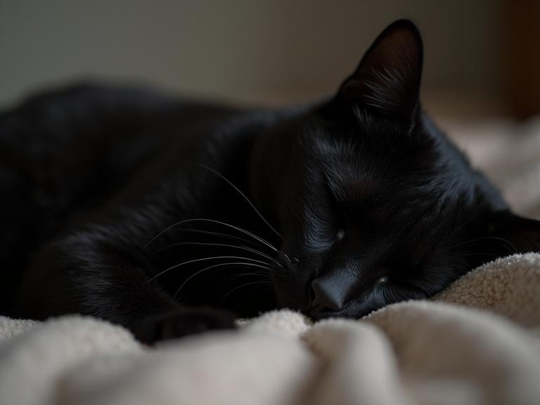 A close-up image of a black cat sleeping on a beige blanket. The cat's eyes are closed, and it looks very relaxed. The focus is on its peaceful expression and soft fur.