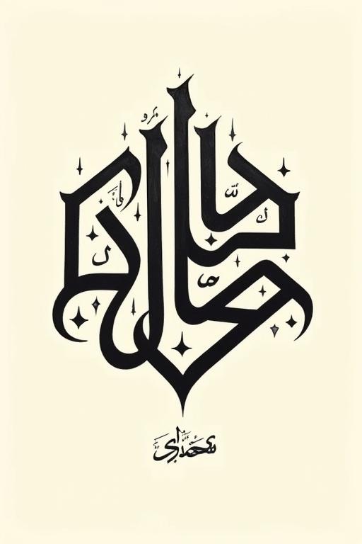Stylized Arabic calligraphy showcasing letters dhuyufurrahman in Kufi script with intricate design and bold lines in black ink on light cream background.