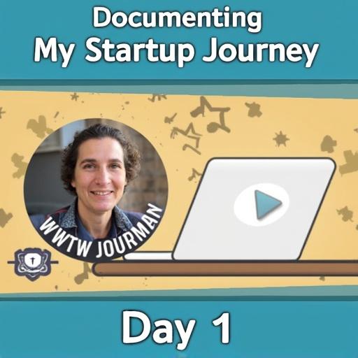 Create a vibrant YouTube thumbnail featuring a circular image of a person, with a laptop icon, and text overlay stating 'Documenting My Startup Journey' and 'Day 1'. Include appealing colors.