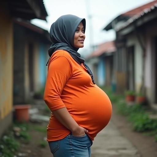 Photo of pregnant woman wearing hijab. Orange long sleeve polo shirt and skinny jeans. Standing in neighborhood during daytime. Gigantic belly shown. Natural setting reflecting cultural aspects.