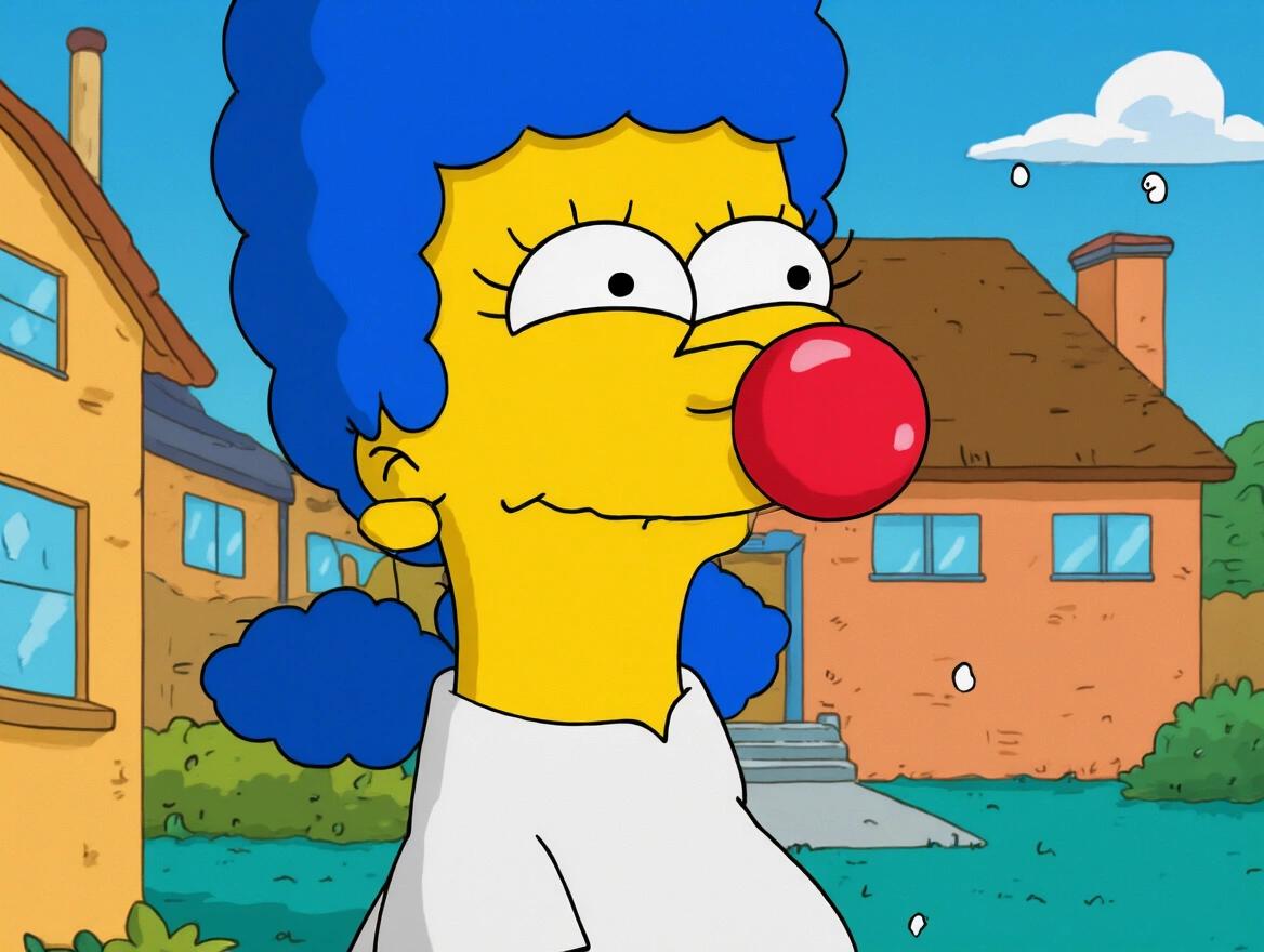 Marge Simpson character from the animated show The Simpsons. Bright colors and cartoon style. Features blue hair and a red nose. Character looks cheerful. Background shows a house and garden.