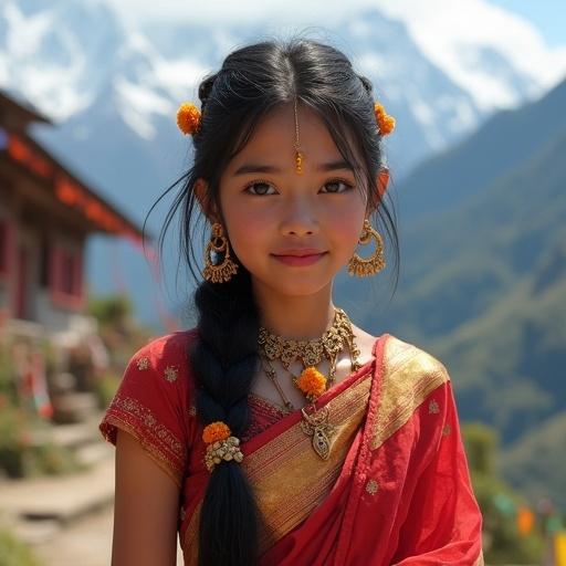 Realistic portrait of a young Nepali girl in a vibrant Himalayan village. She wears a traditional red and gold sari with gold jewelry. Her hair is long and braided with flowers. A bindi adorns her forehead. The background features snow-capped mountains and terraced fields.