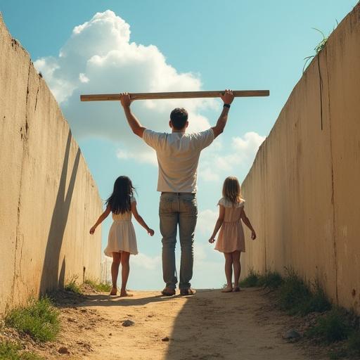 A man stands between two small hills holding a plank overhead while two daughters cross from one wall to another. The scene depicts family connection and outdoor play.