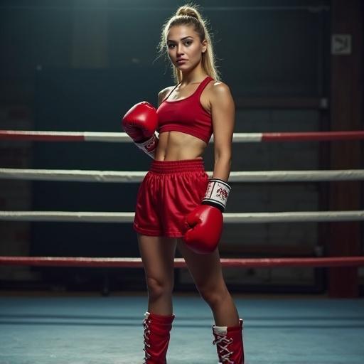 Full body view of a young female boxer in front of a boxing ring. The boxer wears red athletic gear and gloves. Clear focus on the athlete's strength and determination.