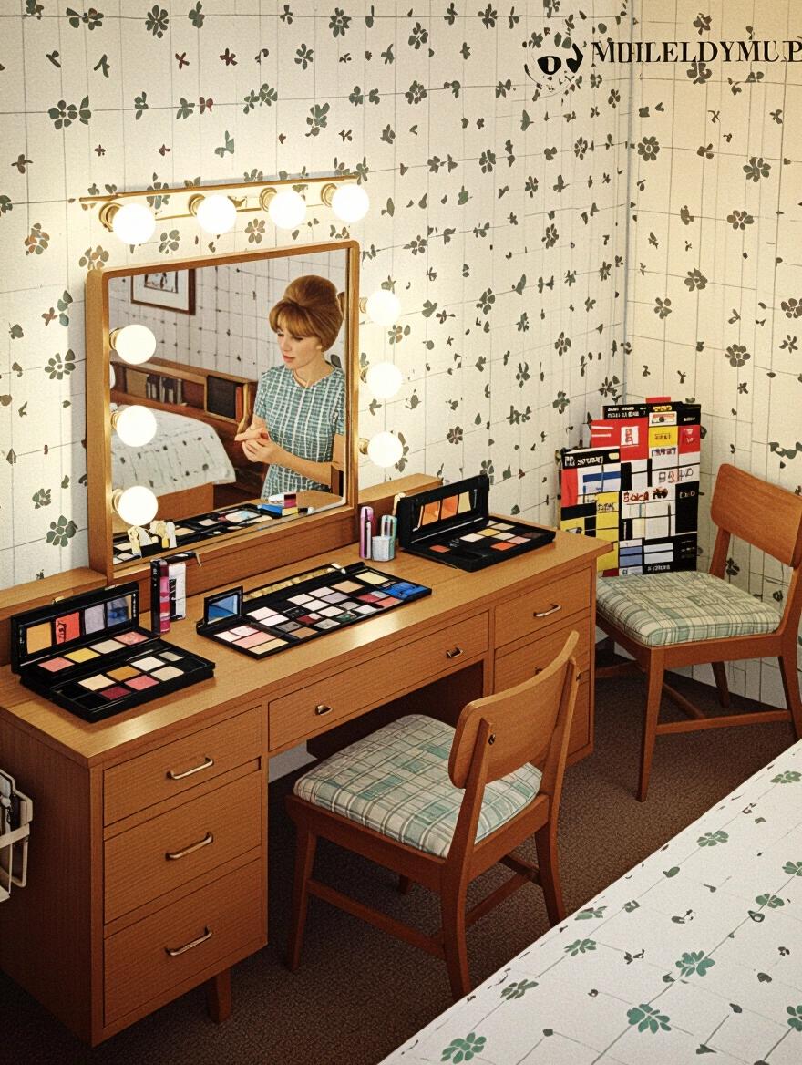 A vintage 1960s-style bedroom with a makeup vanity. The view is from below looking up. A woman is at the vanity, surrounded by beauty products. The decor features floral wallpaper and light wood accents.