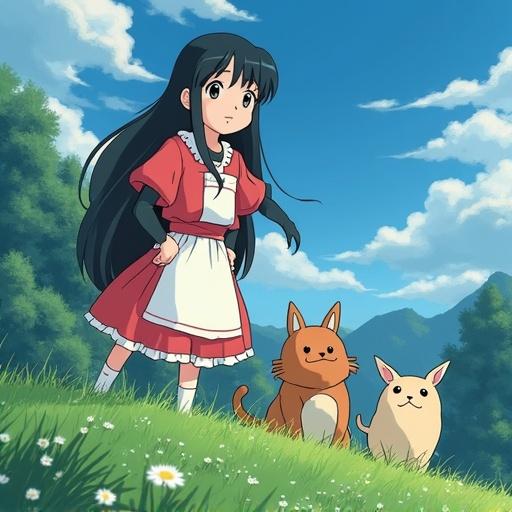 Generate an image featuring a girl in a dress standing on grass with two animated pets. Background includes a sunny sky and mountains. Style is similar to Ghibli anime, designed for high resolution.