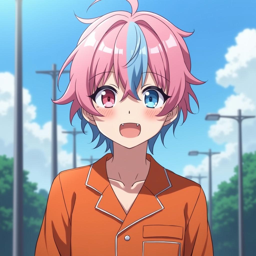 A cute male character with pink hair wearing an orange prison uniform stands in front of a beautiful scenery. The character has blue and red eyes. He has a smile with fangs and long eyelashes. The character's hair is styled with half pink and half blue. He appears cheerful and friendly against the backdrop of bright skies. The character's attire includes a long-sleeved prison outfit.