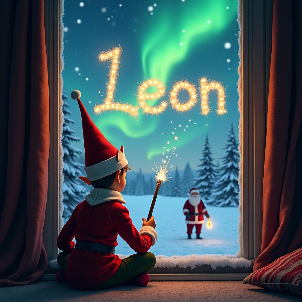 An enchanting holiday scene features an elf with his back to the viewer. He sits by a window, face turned towards the sky. With a wand, he writes the name Leon in sparkling letters. The backdrop is a magical winter landscape with vibrant northern lights. In the distance, Santa Claus is also present, adding to the festive atmosphere. The whole scene is immersive and filled with Christmas spirit, designed to evoke a sense of wonder and joy.