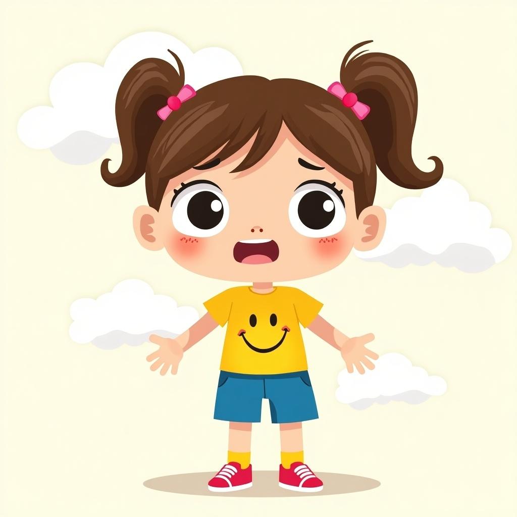 Cartoon girl expressing sadness on a blank background with fluffy clouds. Brown hair styled in playful pigtails. Wearing a yellow shirt with a smiley face and blue shorts. Big expressive eyes