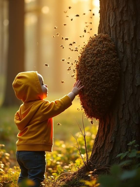 A small child in a yellow hoodie reaches towards a beehive on a tree. The forest background is slightly blurred. Warm sunlight filters through trees. Bees hover around the hive.