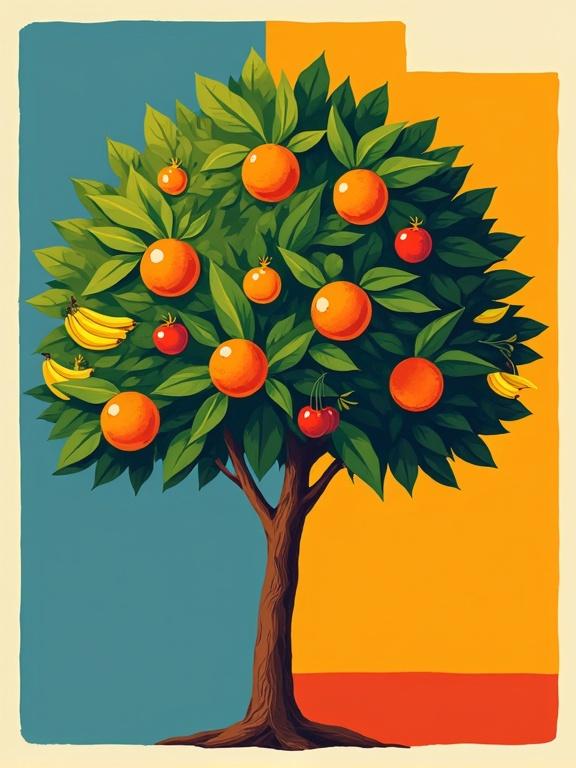 Stylized illustration of an orange tree with various fruits. Lush green leaves. Contrasting background with blue and orange rectangles. Mid-century modern style with bold colors and clean lines.