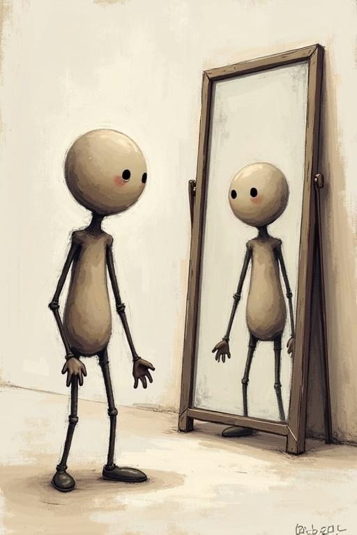 Stickman character gazes into a mirror. Character appears serious while observing its reflection. Simple room with muted colors. Character stands with hands slightly raised. Mirror reflects character's outlined figure.