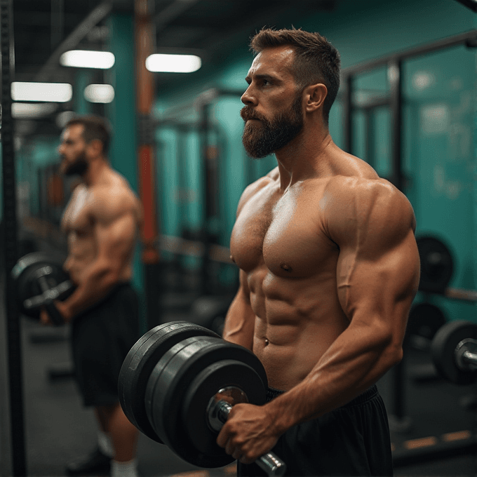 A muscular man in black shorts holds dumbbells in a gym with various weightlifting equipment in the background.