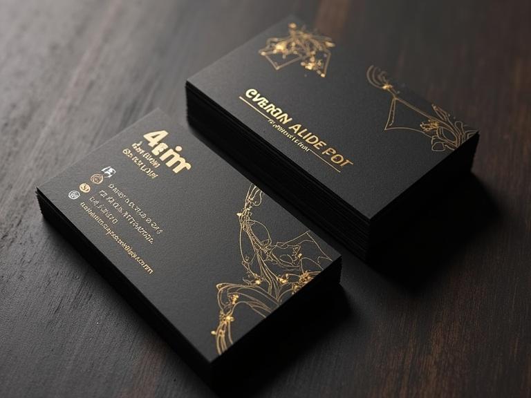 Business card design in black and gold mix. Size dimensions are 8.6 cm by 5.5 cm. Professional appearance with no backside.