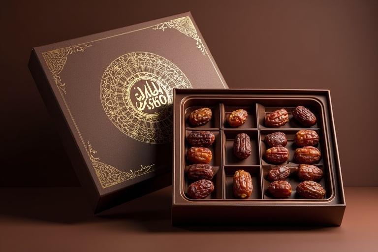 Packaging design features luxurious oriental style. Box crafted from high-quality cardboard with matte finish and gold foil embossing. Central position highlights brand name and logo. Front cover adorned with geometric Arabic inscription in dark brown with gold or copper touches. Inside dates arranged in designed dividers. Adjustable section for nuts available. Lid closes with velvet ribbon or hidden magnet. Ideal for gifts during Ramadan or Eid.