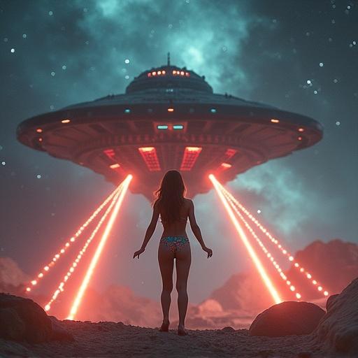 Young girl stands in a colorful bikini. She's positioned flying with her hands on her hips. Gigantic alien spacecraft hovers above. Countless lasers fire at her. Her feet and body hover off the ground. Stars and galaxies appear in the background.
